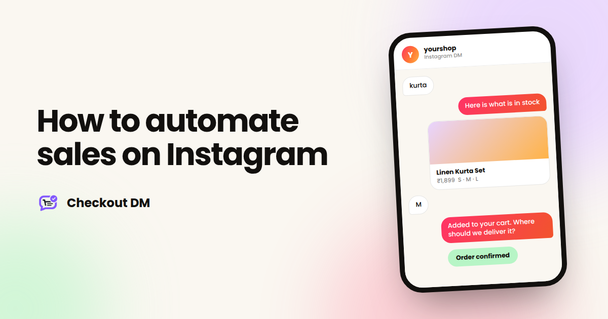 A phone showing an automated Instagram DM conversation that ends in a confirmed order