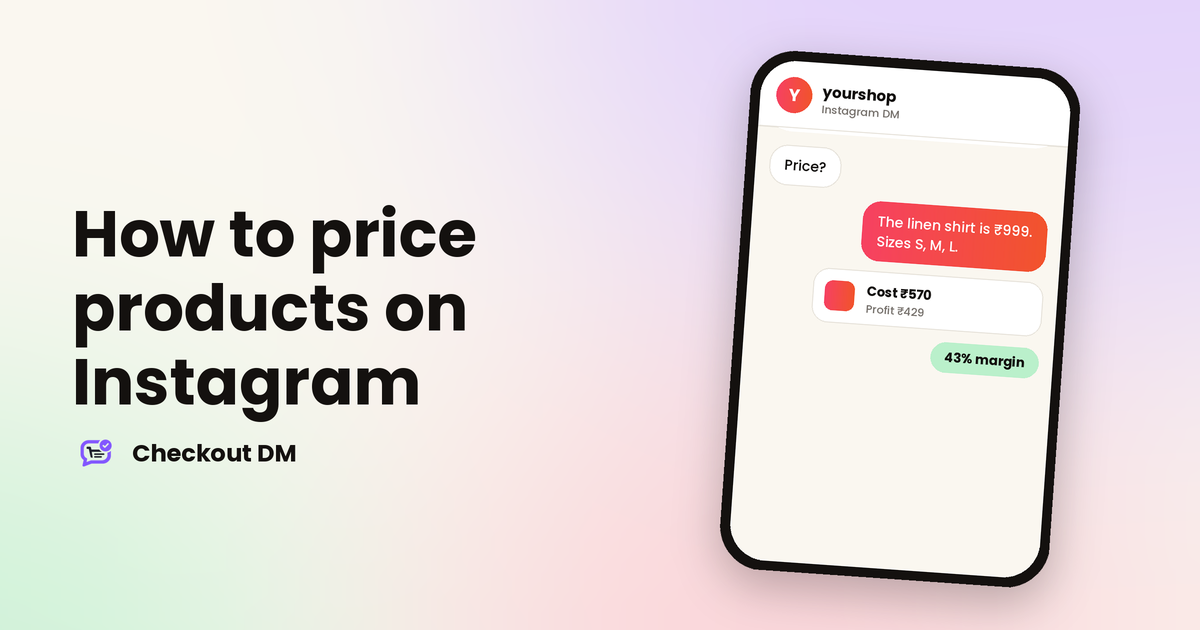 A phone showing an Instagram DM with a product price and a simple cost breakdown