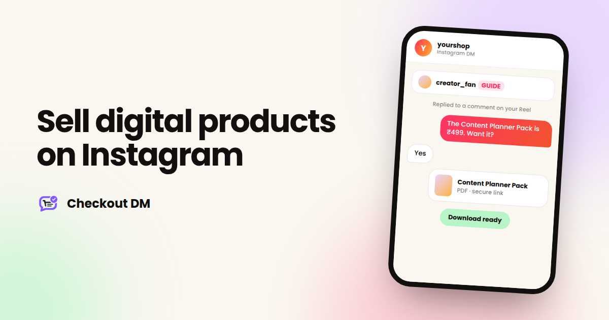 A phone showing an Instagram DM delivering a digital download after payment