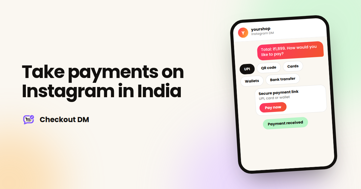 A phone showing payment options including UPI, cards and wallets in an Instagram DM